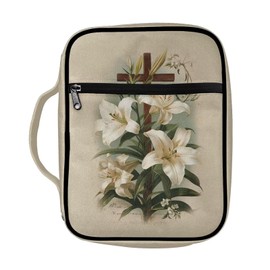 Suobstales Cross Lily Print Bible Covers for Women Men Bible Case Bible Bag and Tote Bible Accessories with Handle and Zippered Pocket Carrying Book Case