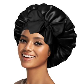 Silk Bonnet Satin Hair Bonnet for Sleeping Large Bonnets with Tie Band Hair Wrap with Adjustable Straps Hair Cap for Women Curly Hair(Black, L)