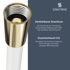 SANTRAS® Premium Shower Hose White/Gold 2.00 m with Flow Limiter - Particularly Flexible Shower Hose Made of Easy Clean Material Made in Germany