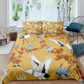 Erosebridal Red-Crowned Crane Bedding Set Queen Size Japanese Ukiyo-E Duvet Cover Vintage Floral Comforter Cover Red Leaves Branch Asian Culture Bedspread Cover for Room Dorm Decor, Yellow