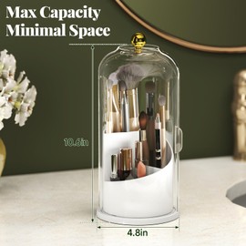 Delamu Dustproof Makeup Brush Holder with 360° Smooth Rotating Base, Makeup Brush Organizer with Clear Sliding Door, Cosmetic Organizer for Lipsticks, Toothbrush,Vanity, White