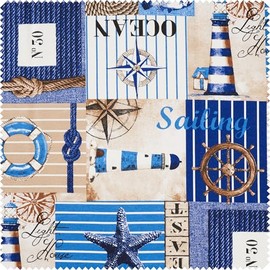 VBS Marketplace Decorative Fabric Linen Look Sailing Motif Fabric Sold by the Metre Width 140 cm Motif Size 7-16 cm Summer Ships Maritime