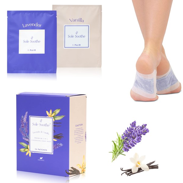 Sole Soothe Foot Pads – Box of 16 Premium Foot Patches with Bamboo Vinegar - 8 Pure Lavender, 8 Vanilla Scent – All Natural Pads