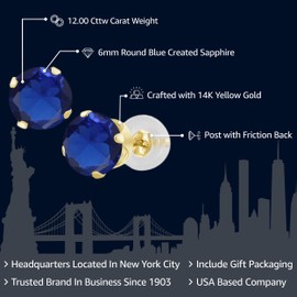 Gem Stone King 14K Gold Gemstone Birthstone Solitaire Stud Earrings | Round 6MM | Gold Earrings For Women Men