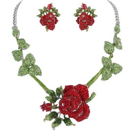 EVER FAITH Women's Austrian Crystal Rose Flower Necklace Stud Earrings Set Green w/Red Silver-Tone