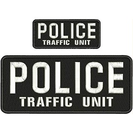 Police Traffic Unit Embroidery Patch 4X10 and 2X5 Hook ON Back BLK/White - Embroidery Patch for Jacket Hat Backpack