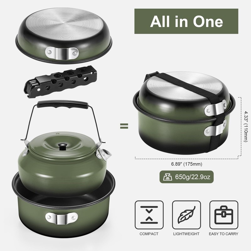 Odoland 5pcs Camping Cookware Mess Kit, Non-Stick Lightweight Pot Pan