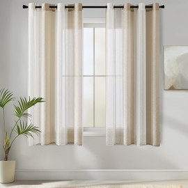 MIULEE Striped Transparent Curtains with Eyelets, Voile Curtains Living Room Modern Set of 2 Bedroom Curtains Transparent with Beige White Striped Pattern, Semi-Transparent Stripes Curtain, 140 x 137