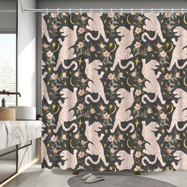 MEHOFOND Retro Tiger Shower Curtain Black Floral Plant Shower Curtain for Bathroom Vintage Tiger Flower Shower Curtain Modern Art Bathtub Decor Fabric Waterproof Bath Curtain with 12 Hooks 72x72 Inch