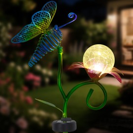 Solar Butterfly Garden Lights-Solar Powered Outdoor Decorative Lights with Metal Stakes & Butterfly Decor Waterproof Crackle Glass Globe Led Landscape Lighting for Garden Pathway Lawn Yard (1PC)