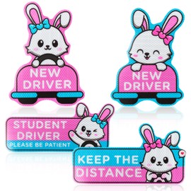 W1cwey 4pcs Cartoon Rabbit Student Driver Car Magnet, Cute New Driver Sign for Car Cartoon Reflective Student Driver Car Magnet Sticker Gift for Teen Girls Reusable Car Bumper Safety Sign