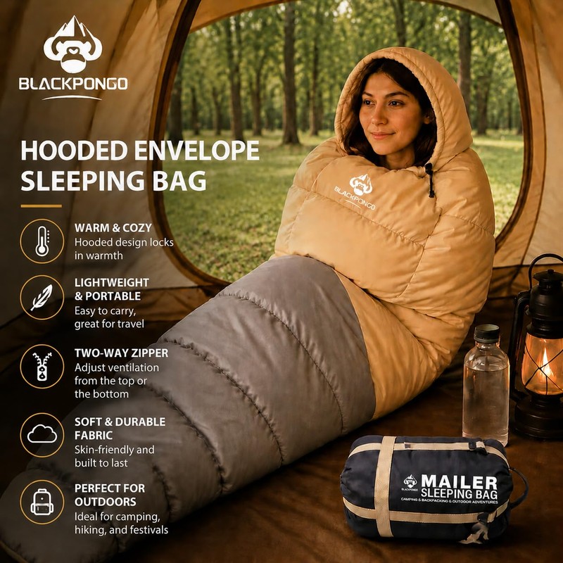 Blackpongo 3-Season Sleeping Bag for Adults, Lightweight Hooded Camping Sleeping