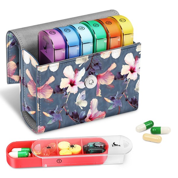 FINPAC Pill Box 7 Days 4 Compartments - Pill Box 4 Times a Day with Faux Leather Bag and Name Card Medication Box for Pills Vitamin Fish Oil for Morning, Noon, Evening, Night, Blooming Hibiscus