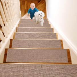 WAWINY 7 Pack Non-Slip Stair Treads for Wooden Steps Indoor, 8" x 30" Stair Pads with Reusable Adhesive, Stair Rugs for Kids, Elders and Pet Dogs, No Residue Protection for Staircases (Beige)