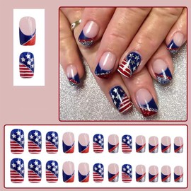 24 Pcs 4th of July Press on Nails Short Square,YIHONGYAN Glitter Press ons Independence Day Fake Nails with American Flag Stars French Tip Designs Full Cover Glue on Acrylic Kit False Nails for Women