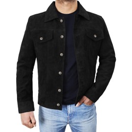 Mens Black Suede Jacket - Vintage Classic Western Trucker Coat Geniune Suede Leather Jacket (Trucker Black, XL) III-1001
