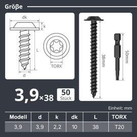 Dayalo Pack of 50 self-tapping screws, 3.9 x 38 mm, black, stainless steel flat head with disc Torx screws, self-tapping screws, drilling screws, wood screws, lens head, full thread, with drill