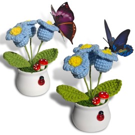 CUNSWEN 2 Pcs Crochet Flowers Crochet Lily of The Valley Flower for Office Desk Decor Car Dashboard Decor, Cute Lily of The Valley Gifts for Women (Blue Lily of The Valley (3))