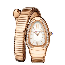 Women's Watch - Unique Design Snake Shaped Bracelet Dress Watch for Women Fashion Ladies Quartz Wristwatch (Rose White)