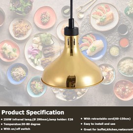 Hanging Food Heat Lamp Commercial Food Warmer Lights Telescopic Heating Lamps for Buffet Kitchen Restaurant(Dia.29cm,Adjustable Height.60-150cm) (Golden)