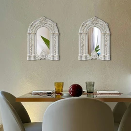 Cityelf 2 Set Wood Carved Window Mirrors 3D Relief Arched Wall Decor Roman Column Antique Home Accent Small Decorative Mirrors for Living Room, Bathroom, Entryway