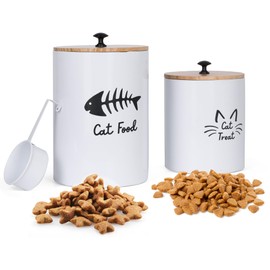 Defined Deco Cat Food Storage Container,Cat Food Container Set of 2 with Metal Lids & Dry Food Scoop, Perfect Sturdy Canister Tins for Kitchen Countertop, Shelf, Great Gift for Pet Owners