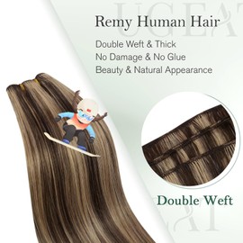 Ugeat Real Hair Weft Extensions, Remy Brown Hair Weft Extensions, Brown Highlight Sew-in Extensions for Sewing, Dark Brown Highlights, Red Blonde, #4P27, 105 g, 50 cm