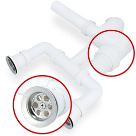 Double Siphon Diameter 50 mm for Double Sinks with Drain Strainer Metal Strainer & Plug for Sinks Siphon Sink Drain Fitting Sink Accessories Syphon Bathroom Kitchen Sink Drain Pipe Drain