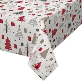 QPC Direct Christmas Red Gold Trees To fit up to a 6 Seater Size, Vinyl Pvc Tablecloth 2 metres (200x137cm) Wipe Clean Textile Backed Plastic Rectangle Table Cloth