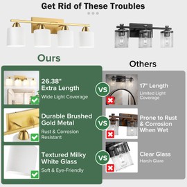 palaro 4 Light Bathroom Light Fixtures,Brushed Gold Vanity Lights for Bathroom with Textured Milky White Glass Shade, Bathroom Lighting Fixtures Over Mirror, E26 Base, Bulbs Not Included