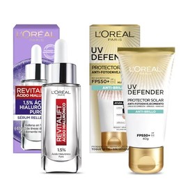 L'Oréal Paris Kit: Protector Solar Diario FPS50+ UV Defender Anti-Brillo + Sérum Rostro Revitalift Ácido Hialurónico