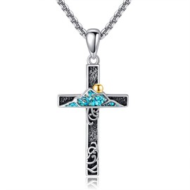 YAFEINI Turquoise Cross Necklace Sterling Silver Mountain Pendant Cross Religious Jewelry for Women