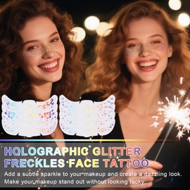 8 Pcs Holographic Multicolor Glitter Freckles Face Tattoo, Glow Up Cosmetic Glitter for Face, Sparkle Makeup Patches, Waterproof Face Speckles for Christmas (8PcsG Holographic Multicolor)