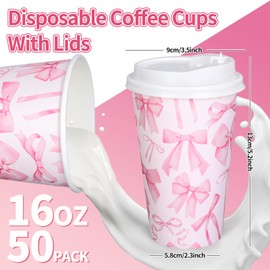 FYSUIMU 50 Pcs Pink Bow Coffee Paper Cups Cherry Bowknot Coquette 16 Oz Disposable Cups with Lids for Hot Cold Drinks Birthday Baby Shower Bachelorette Party Supplies, 2 Designs