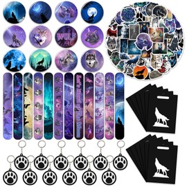 Wolf Party Favors 98 Pieces Galaxy Wolf Theme Birthday Party Supplies with Slap Bracelets, Stickers, Key Chains, Pin Badges and Gift Bags for Kids Boys Girls Wolf Birthday Party Decorations Supplies