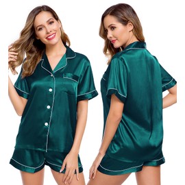 LecGee Womens Pajamas Set Silk Satin Sleepwear Short Sleeve Nightwear Button Down Pj Lounge