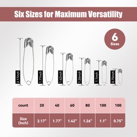 Optomni Safety Pins - 400 Pack, 6 Assorted Sizes (0.75"-2.17"), Strong ‌Silver Nickel-Plated Steel for Clothes, Sewing, and Crafting