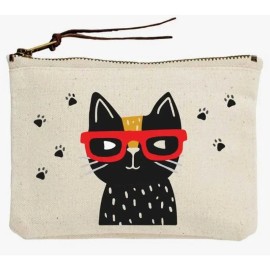 Unbranded NEW Black Cat Kitten w Red Glasses Travel Essential Organizer Makeup Canvas Bag