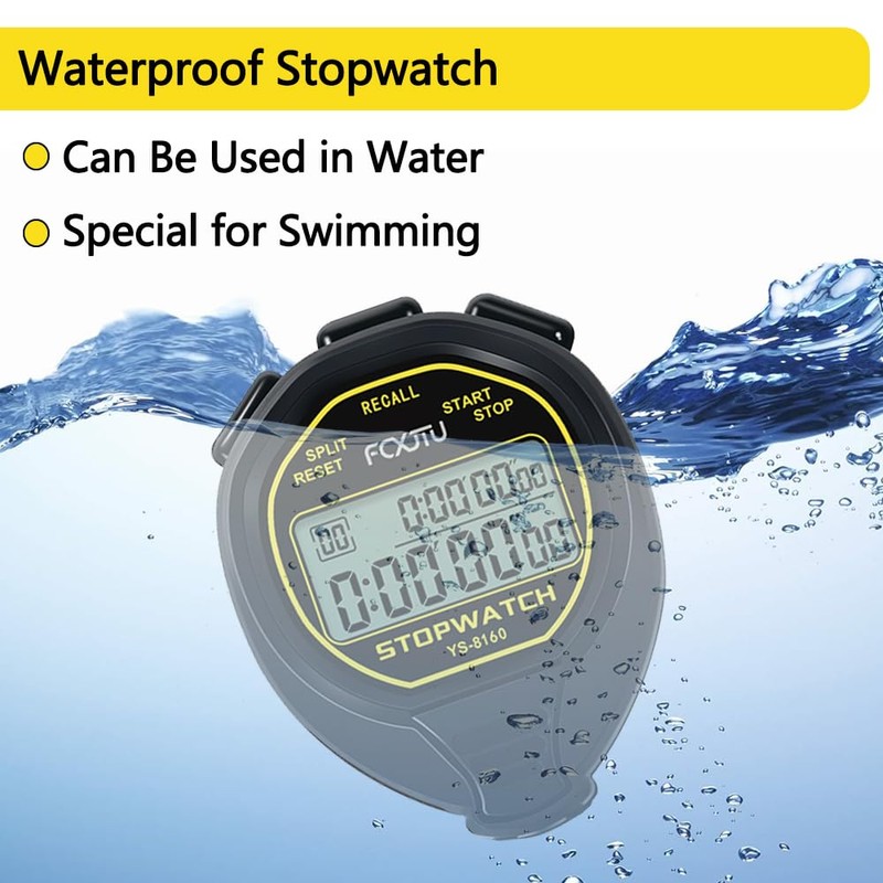FCXJTU Digital Waterproof Stopwatch, 60 Rounds Split Memory Stopwatch, No