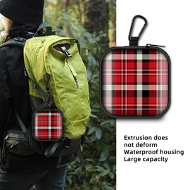 Square Data Cable Earbud Charger Coin Storage Bag Shockproof and Drop-Proof EVA Material Compatible with AirPod(Plaid Textile red Black)