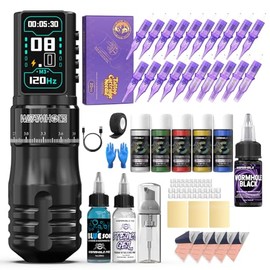 Wormhole Tattoo Gun Kit, Wireless Adjustable Tattoo Machine with 2300mAh Battery, Skin Friendly Tattoo Ink, Aluminum Alloy Tattoo Pen Rotary Gun, Complete Professional Tattoo Kit for Artists - Black