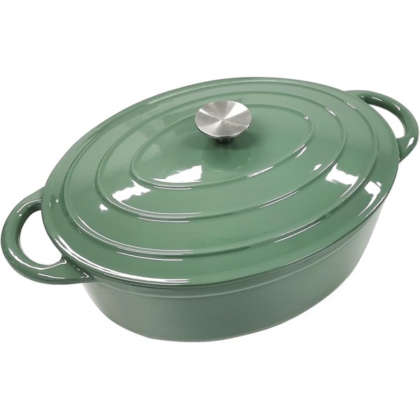 Enameled Cast Iron Signature Oval Dutch Oven, 7 qt Enameled Oval Dutch Oven Pot with Lid and Dual Handles for Braising, for Braising, Broiling, Bread Baking, Frying, Green…