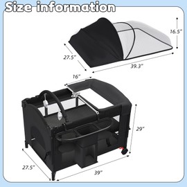 HOMMOW 5-in-1 Baby Bassinet Bedside Sleeper with Swing Tube Converts to Cradle, Baby Crib with Mattress, Detachable Diaper Changer, Mosquito Net and Toy - Black