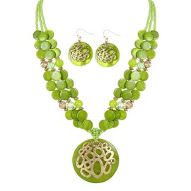 Xalroco Gold/Silver plated Circle Metal Patterned Shell Pendant Necklace and Earrings Colorful Chunky Layered Shell Crystal Stone Beads Necklace Set for Women Leopard Print Brown Jewelry Set Gift (green)