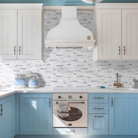 STICKGOO Peel and Stick Backsplash Tile, Stick on Backsplash for Kitchen and Bathroom, Volakas White Look PVC Mixed Metal Silver Self Adhesive Wall Tiles(10 Sheets)