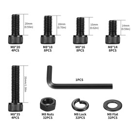 Pack of 128 M8 Screws Set, Cylinder Head Screws Nut Sets, Black Hex Screws Set and Washers, Hex Socket Screws with Nuts, Machine Screws Assortment (128 M8)