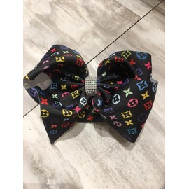 Designer-Inspired Hair Bow with Rhinestone Center, 7.5 Inch, Black Multicolor Pattern