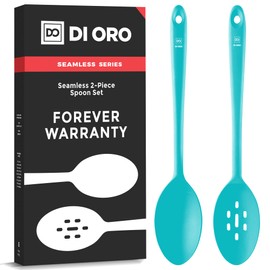 DI ORO Silicone Spoons for Cooking - Large Kitchen Spoons for Mixing, Serving, & Stirring - 600°F Heat-Resistant Non Stick Utensils – Big Solid & Slotted Basting Spoons - Dishwasher Safe (2pc, Teal)