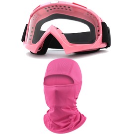 immoono Motorcycle Goggles with Balaclava for Women Girls, Dirt Bike ATV Motocross Riding Racing Ski Goggle Safety Glasses with Neck Gaiter Bandana Face Mask, Pink Frame Transparent Lenses