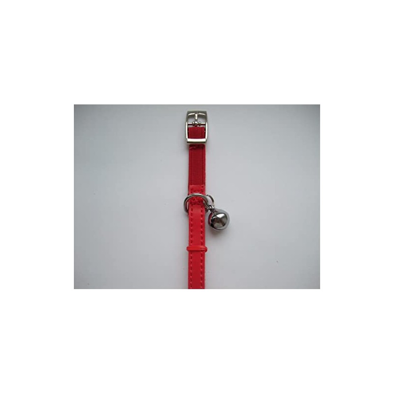 Leather cat collar, safety elastic, bell, metal buckle (Red)